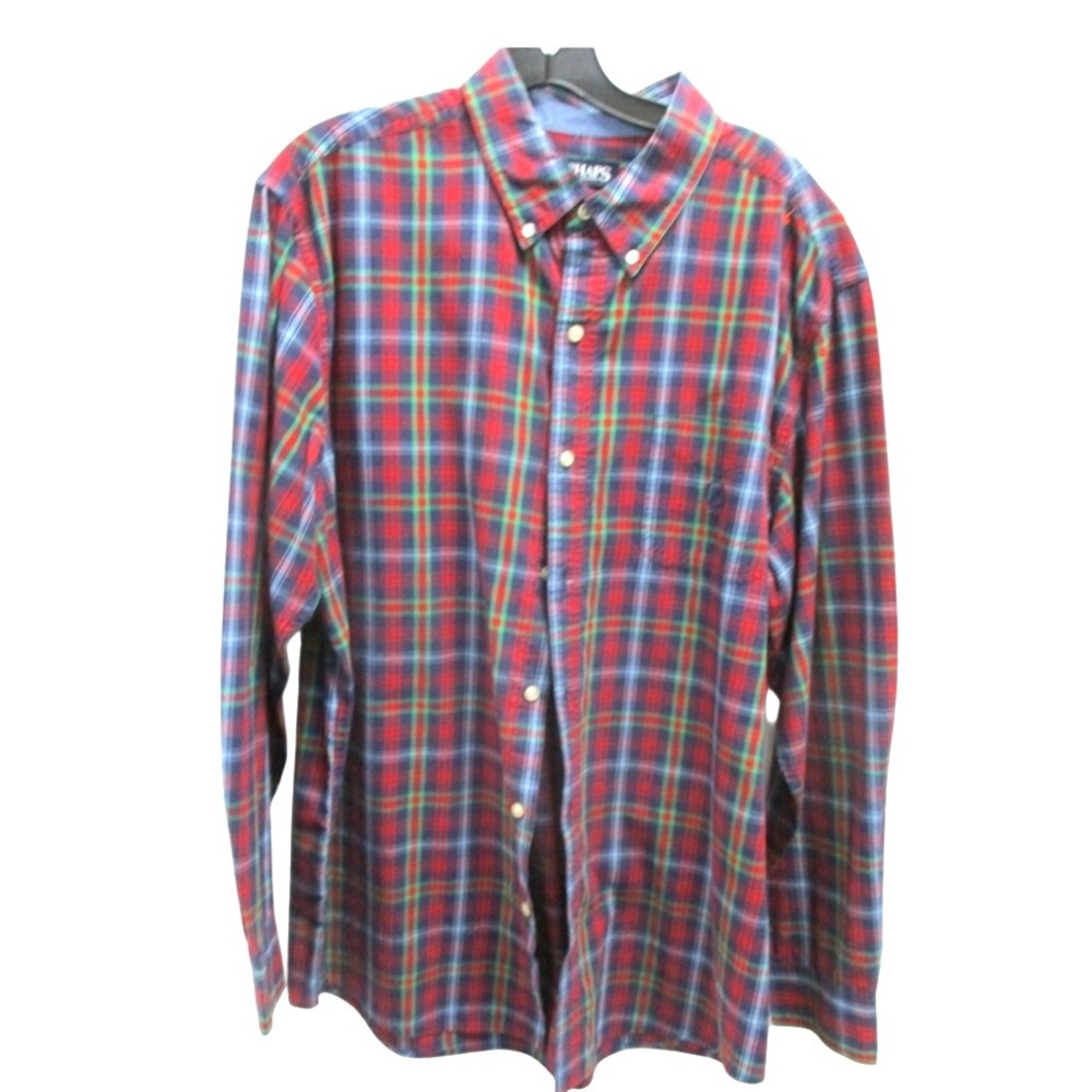 Chaps Mens XL Tartan Plaid Button Up Shirt Long Sleeve Red Blue Green Easy Care